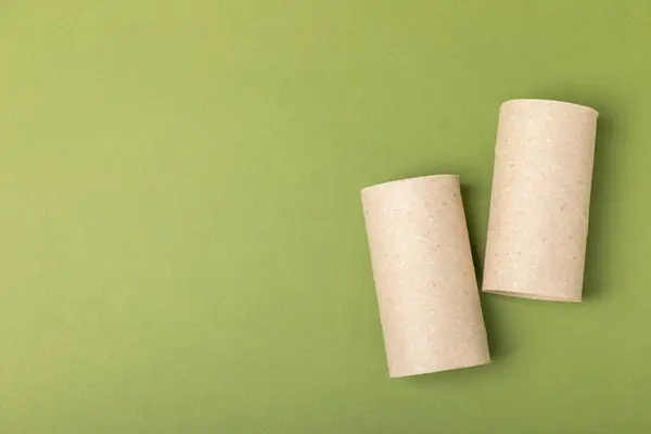 Empty toilet paper roll. Rolls of toilet paper on a green background. Paper tube of toilet paper. Place for text. Copy space. Flat lay. Eco-friendly reuse recycle