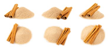 Tarçın şekeri beyaz arka planda izole edilmiş. Arka planda bir kasede ev yapımı tarçın şekeri. Esmer şeker. İçecekler ve pişirme için baharat karışımı. Mesaj için yer. Boşluğu kopyala.