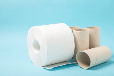 Boş tuvalet kağıdı rulosu. Arka planda tuvalet kağıdı ruloları. Tuvalet kağıdı tüpü. Mesaj için yer. Uzayı kopyala Düz yatıyordu. Çevre dostu yeniden kullanım geri dönüşümü