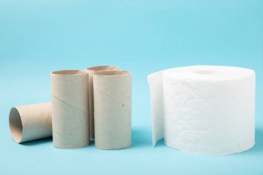 Boş tuvalet kağıdı rulosu. Arka planda tuvalet kağıdı ruloları. Tuvalet kağıdı tüpü. Mesaj için yer. Uzayı kopyala Düz yatıyordu. Çevre dostu yeniden kullanım geri dönüşümü