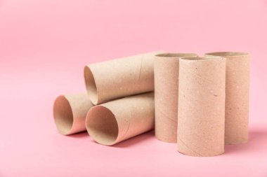 Boş tuvalet kağıdı rulosu. Arka planda tuvalet kağıdı ruloları. Tuvalet kağıdı tüpü. Mesaj için yer. Uzayı kopyala Düz yatıyordu. Çevre dostu yeniden kullanım geri dönüşümü