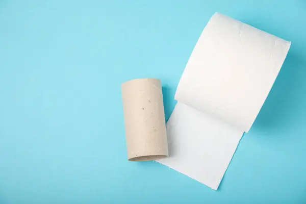 Empty toilet paper roll. Rolls of toilet paper on background. Paper tube of toilet paper. Place for text. Copy space. Flat lay. Eco-friendly reuse recycle