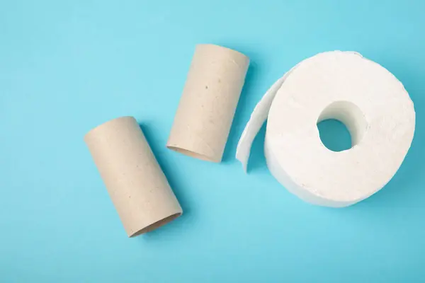 Empty toilet paper roll. Rolls of toilet paper on background. Paper tube of toilet paper. Place for text. Copy space. Flat lay. Eco-friendly reuse recycle