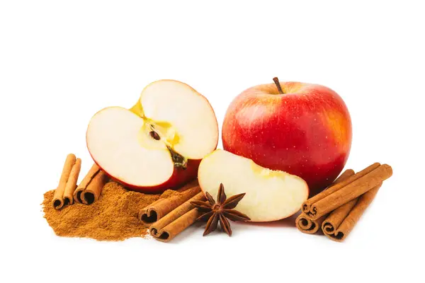 Äpfel Mit Zimt Isoliert Auf Weißem Hintergrund Duftende Rote Würzige lizenzfreie Stockfotos