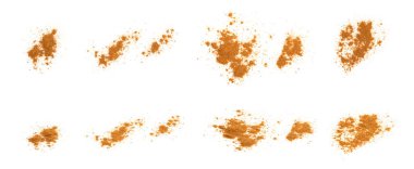 Tarçın tozu beyaz arkaplanda izole edilmiş. Fırın, tatlı ve içecekler için baharatlı baharat. Güzel kokulu tarçın..