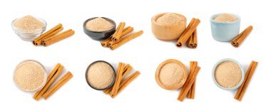 Tarçın şekeri beyaz arka planda izole edilmiş. Arka planda bir kasede ev yapımı tarçın şekeri. Esmer şeker. İçecekler ve pişirme için baharat karışımı..