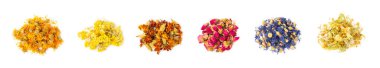 Beyaz arka planda izole edilmiş kuru bitki ve çilek çayı çeşitleri. Çay partisi konsepti. Şifalı bitkiler. Şifalı bitkiler. Alternatif ilaç. Linden, Calendula, Cornflowers, marigold, tansy, çay gülü..