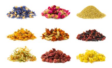 Beyaz arka planda izole edilmiş kuru bitki ve çilek çayı çeşitleri. Çay partisi konsepti. Şifalı bitkiler. Şifalı bitkiler. Alternatif ilaç. Linden, Calendula, Cornflowers, marigold, tansy, çay gülü..