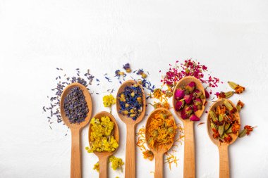 Ahşap bir zeminde ahşap kaşıklarda kurumuş bitki ve böğürtlen çayı. Şifalı şifalı bitkiler. Alternatif tıp konsepti. Linden, Calendula, Cornflowers, marigold, tansy, tea rose.