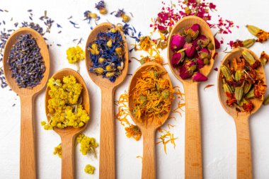 Ahşap bir zeminde ahşap kaşıklarda kurumuş bitki ve böğürtlen çayı. Şifalı şifalı bitkiler. Alternatif tıp konsepti. Linden, Calendula, Cornflowers, marigold, tansy, tea rose.