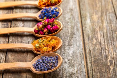Ahşap bir zeminde ahşap kaşıklarda kurumuş bitki ve böğürtlen çayı. Şifalı şifalı bitkiler. Alternatif tıp konsepti. Linden, Calendula, Cornflowers, marigold, tansy, tea rose.