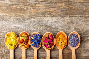 Ahşap bir zeminde ahşap kaşıklarda kurumuş bitki ve böğürtlen çayı. Şifalı şifalı bitkiler. Alternatif tıp konsepti. Linden, Calendula, Cornflowers, marigold, tansy, tea rose.
