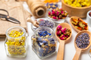 Ahşap arka planda kurumuş bitki ve böğürtlen çayı çeşitleri. Çay partisi konsepti. Şifalı bitkiler. Şifalı bitkiler. Alternatif ilaç. Linden, Calendula, Cornflowers, marigold, tansy, çay gülü..