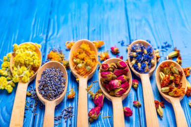 Ahşap arka planda kurumuş bitki ve böğürtlen çayı çeşitleri. Çay partisi konsepti. Şifalı bitkiler. Şifalı bitkiler. Alternatif ilaç. Linden, Calendula, Cornflowers, marigold, tansy, çay gülü..