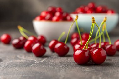 Kirazlar. Ahşap kaplamalı taze kirazlar ve yapraklar. Taze organik kiraz yığını. Böğürtlen ve meyve. Vejetaryen. Sağlıklı beslenme. Mesaj için yer. Boşluğu kopyala