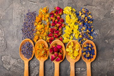 Ahşap arka planda kurumuş bitki ve böğürtlen çayı çeşitleri. Çay partisi konsepti. Şifalı bitkiler. Şifalı bitkiler. Alternatif ilaç. Linden, Calendula, Cornflowers, marigold, tansy, çay gülü..