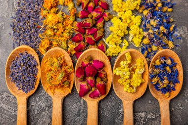 Ahşap arka planda kurumuş bitki ve böğürtlen çayı çeşitleri. Çay partisi konsepti. Şifalı bitkiler. Şifalı bitkiler. Alternatif ilaç. Linden, Calendula, Cornflowers, marigold, tansy, çay gülü..