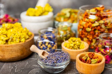 Ahşap arka planda kurumuş bitki ve böğürtlen çayı çeşitleri. Çay partisi konsepti. Şifalı bitkiler. Şifalı bitkiler. Alternatif ilaç. Linden, Calendula, Cornflowers, marigold, tansy, çay gülü..