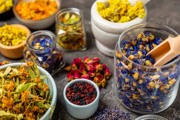 Ahşap arka planda kurumuş bitki ve böğürtlen çayı çeşitleri. Çay partisi konsepti. Şifalı bitkiler. Şifalı bitkiler. Alternatif ilaç. Linden, Calendula, Cornflowers, marigold, tansy, çay gülü..