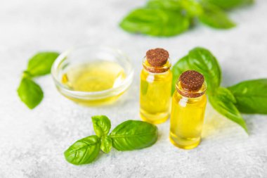 Ahşap kaplamalı fesleğen yağı. Fesleğen yağı ve taze yapraklar. Aromaterapi. Aroma yağı. Şifalı bitkiler. Alternatif tıp. Mesaj için yer. Boşluğu kopyala.