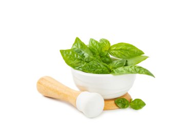 Beyaz arka planda izole edilmiş havanda taze yeşil fesleğen. Organik baharatlar ve bitkiler. Vejetaryen. Taze mutfak bitkileri. Taze fesleğen, havan ve tokmakla pesto haline getiriliyor..