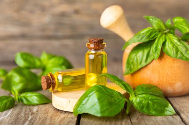 Ahşap kaplamalı fesleğen yağı. Fesleğen yağı ve taze yapraklar. Aromaterapi. Aroma yağı. Şifalı bitkiler. Alternatif tıp. Mesaj için yer. Boşluğu kopyala.