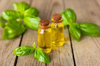 Ahşap kaplamalı fesleğen yağı. Fesleğen yağı ve taze yapraklar. Aromaterapi. Aroma yağı. Şifalı bitkiler. Alternatif tıp. Mesaj için yer. Boşluğu kopyala.