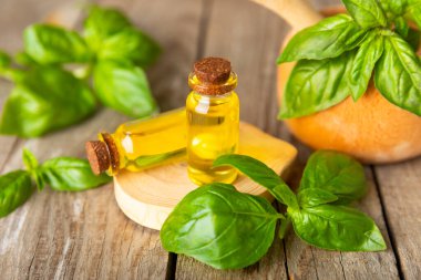 Ahşap kaplamalı fesleğen yağı. Fesleğen yağı ve taze yapraklar. Aromaterapi. Aroma yağı. Şifalı bitkiler. Alternatif tıp. Mesaj için yer. Boşluğu kopyala.