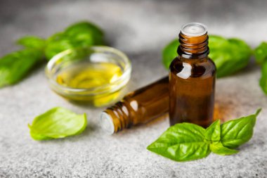 Ahşap kaplamalı fesleğen yağı. Fesleğen yağı ve taze yapraklar. Aromaterapi. Aroma yağı. Şifalı bitkiler. Alternatif tıp. Mesaj için yer. Boşluğu kopyala.