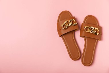 Parlak renkli arka planda modaya uygun kadın ayakkabıları. Şık terlikler. Kadın yaz sandaletleri. Üst Manzara. Mesaj için yer. Boşluğu kopyala.