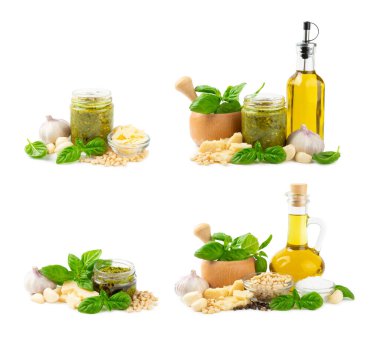 Pesto. Beyaz arka planda izole edilmiş İtalyan fesleğen sosu. Pesto sosu içeriği: taze fesleğen, çam fıstığı, parmesan peyniri ve zeytinyağı. Metin için boşluk. Boşluğu kopyala.
