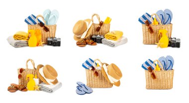 Plaj aksesuarları. Şapkalı plaj çantası, plaj havlusu, güneş gözlüğü, krem ve beyaz arka planda izole edilmiş sandaletler. Tropik tatil konsepti. Yaz haftasonu. Düz yatıyordu. Mesaj için yer var. Boşluğu kopyala