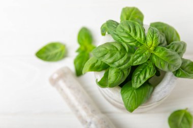 Ahşap kaplamalı havanda taze yeşil fesleğen. Organik baharatlar ve bitkiler. Vejetaryen. Taze mutfak bitkileri. Fesleğen taze fesleğen havan ve kabuklu pesto 'ya dönüştürülüyor. Boşluğu kopyala. Metin için yer