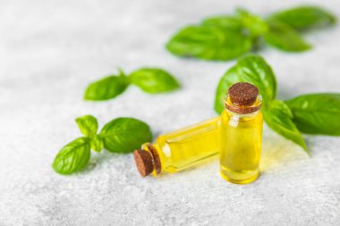 Ahşap kaplamalı fesleğen yağı. Fesleğen yağı ve taze yapraklar. Aromaterapi. Aroma yağı. Şifalı bitkiler. Alternatif tıp. Mesaj için yer. Boşluğu kopyala.