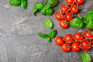 Taze vişneli domates ve dokulu taze yeşil fesleğen. Domates sosu. Vejetaryen. Salata için malzemeler. Organik yiyecekler. Mesaj için yer. Boşluğu kopyala.