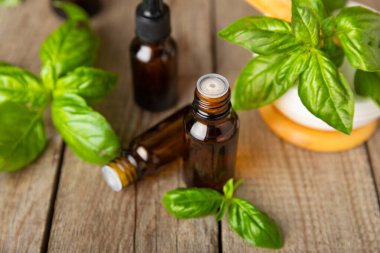 Ahşap kaplamalı fesleğen yağı. Fesleğen yağı ve taze yapraklar. Aromaterapi. Aroma yağı. Şifalı bitkiler. Alternatif tıp. Mesaj için yer. Boşluğu kopyala.