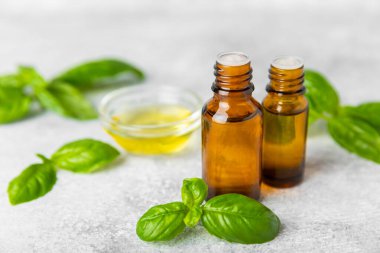 Ahşap kaplamalı fesleğen yağı. Fesleğen yağı ve taze yapraklar. Aromaterapi. Aroma yağı. Şifalı bitkiler. Alternatif tıp. Mesaj için yer. Boşluğu kopyala.