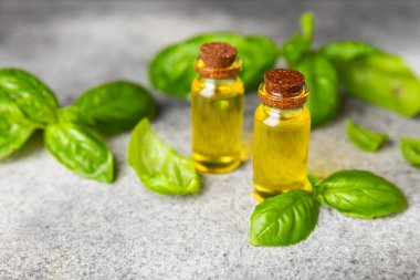 Ahşap kaplamalı fesleğen yağı. Fesleğen yağı ve taze yapraklar. Aromaterapi. Aroma yağı. Şifalı bitkiler. Alternatif tıp. Mesaj için yer. Boşluğu kopyala.