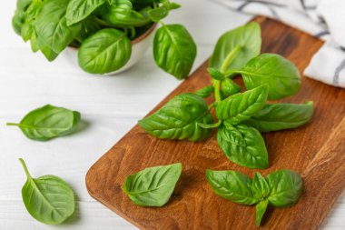 Ahşap kaplamalı yeşil fesleğen yaprakları. Mutfak otları, baharatlar. Taze yeşil organik fesleğen. Vejetaryen. Salata için yeşillik. Mesaj için yer. Boşluğu kopyala.