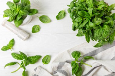 Ahşap kaplamalı yeşil fesleğen yaprakları. Mutfak otları, baharatlar. Taze yeşil organik fesleğen. Vejetaryen. Salata için yeşillik. Mesaj için yer. Boşluğu kopyala.