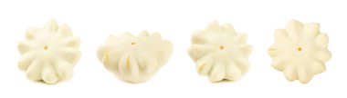 Beyaz arka planda Pattypan kabağı izole edilmiş. Kabak. Arka planda taze organik pattypan kabakları. Vejetaryen. Çiftçi Pazarı. Patisson..