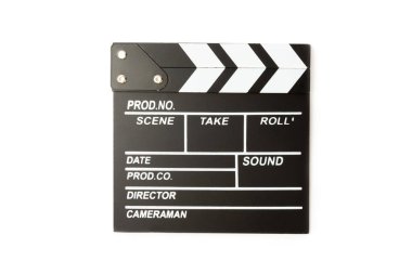 Film alkışı. Sinema alkışı beyaz arkaplanda izole edildi. Eğlence ve eğlence kavramı. Sinema kavramı.