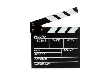 Film alkışı. Sinema alkışı beyaz arkaplanda izole edildi. Eğlence ve eğlence kavramı. Sinema kavramı.