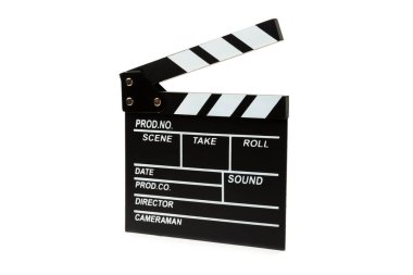 Film alkışı. Sinema alkışı beyaz arkaplanda izole edildi. Eğlence ve eğlence kavramı. Sinema kavramı.