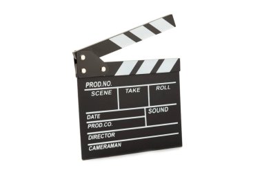 Film alkışı. Sinema alkışı beyaz arkaplanda izole edildi. Eğlence ve eğlence kavramı. Sinema kavramı.