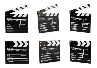Film alkışı. Sinema alkışı beyaz arkaplanda izole edildi. Eğlence ve eğlence kavramı. Sinema kavramı.