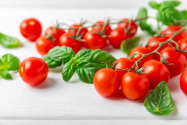 Taze vişneli domates ve dokulu taze yeşil fesleğen. Domates sosu. Vejetaryen. Salata için malzemeler. Organik yiyecekler. Mesaj için yer. Boşluğu kopyala.