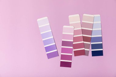 Parlak renkli arka planda renk paleti. Renkli palet rehberi. Gökkuşağı renklerinin kağıt kataloğu. Yaratıcı. Palet, trend renk örnekleri. Renk örnekleri. Dekor ve iç mimar. Üst görünüm. 