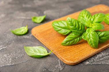 Ahşap kaplamalı yeşil fesleğen yaprakları. Mutfak otları, baharatlar. Taze yeşil organik fesleğen. Vejetaryen. Salata için yeşillik. Mesaj için yer. Boşluğu kopyala.