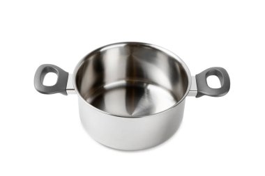 Paslanmaz çelik tencere beyaz arka planda izole edilmiş. Modern tencere. Mutfak aletleri. Pişirme tavası. Yemek pişirme konsepti. Model